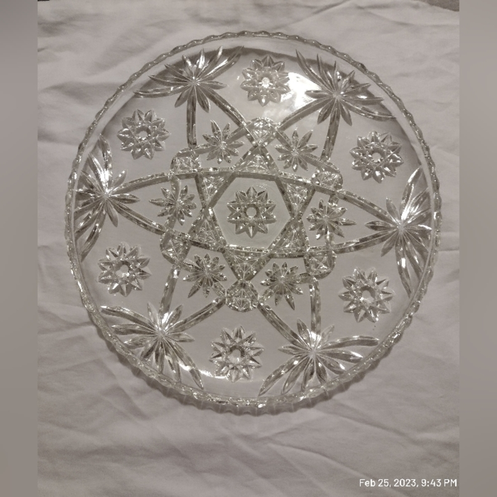 Vintage Anchor Hocking 13.5" Serving tray Cake Plate Star of David Crystal glass